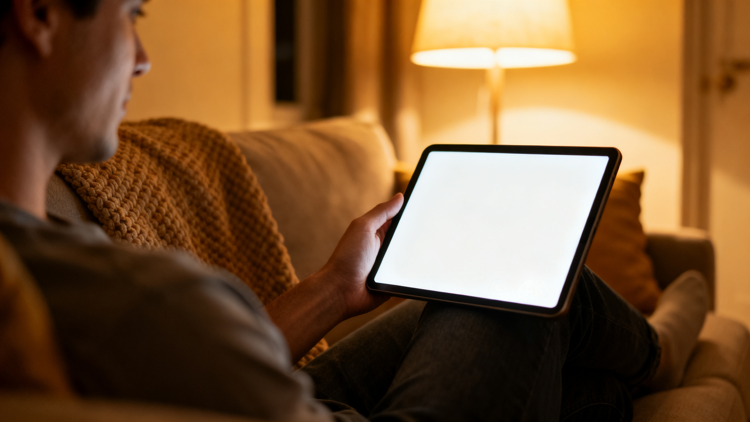 Person reviewing a tablet on a living-room sofa Person reviewing a tablet on a living-room sofa