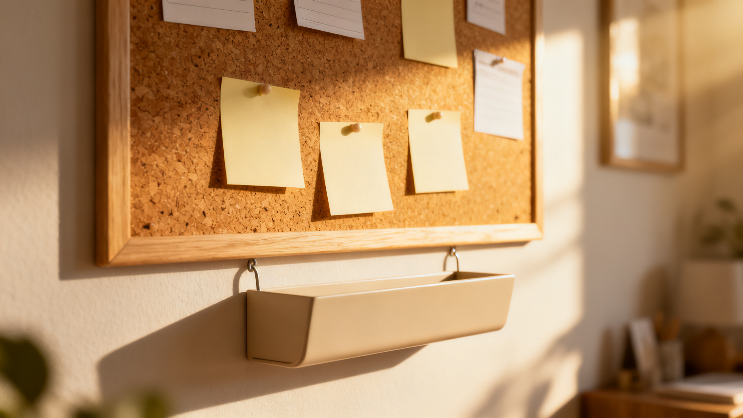 Home corkboard and mail sorter in morning light