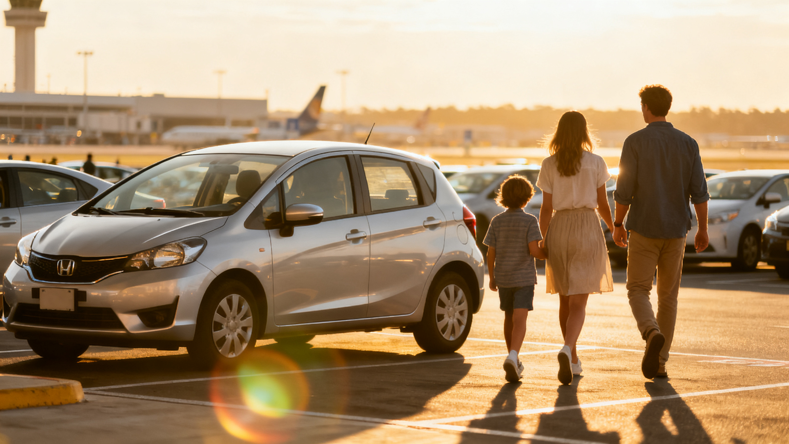 Family walking to a rental car in a sunny airport lot