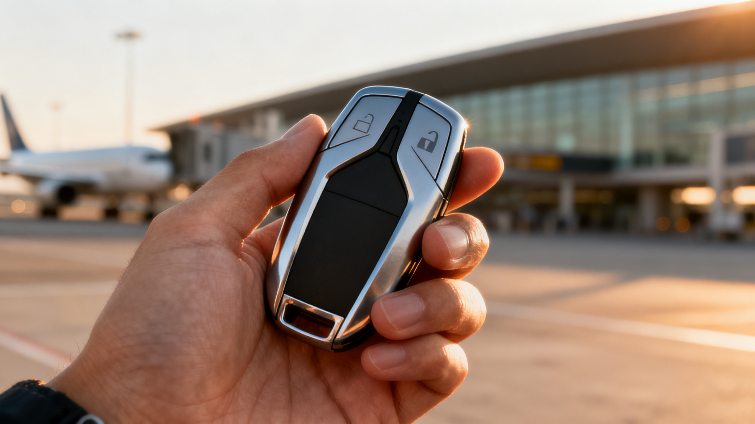 Hand holding a car key fob outside a terminal