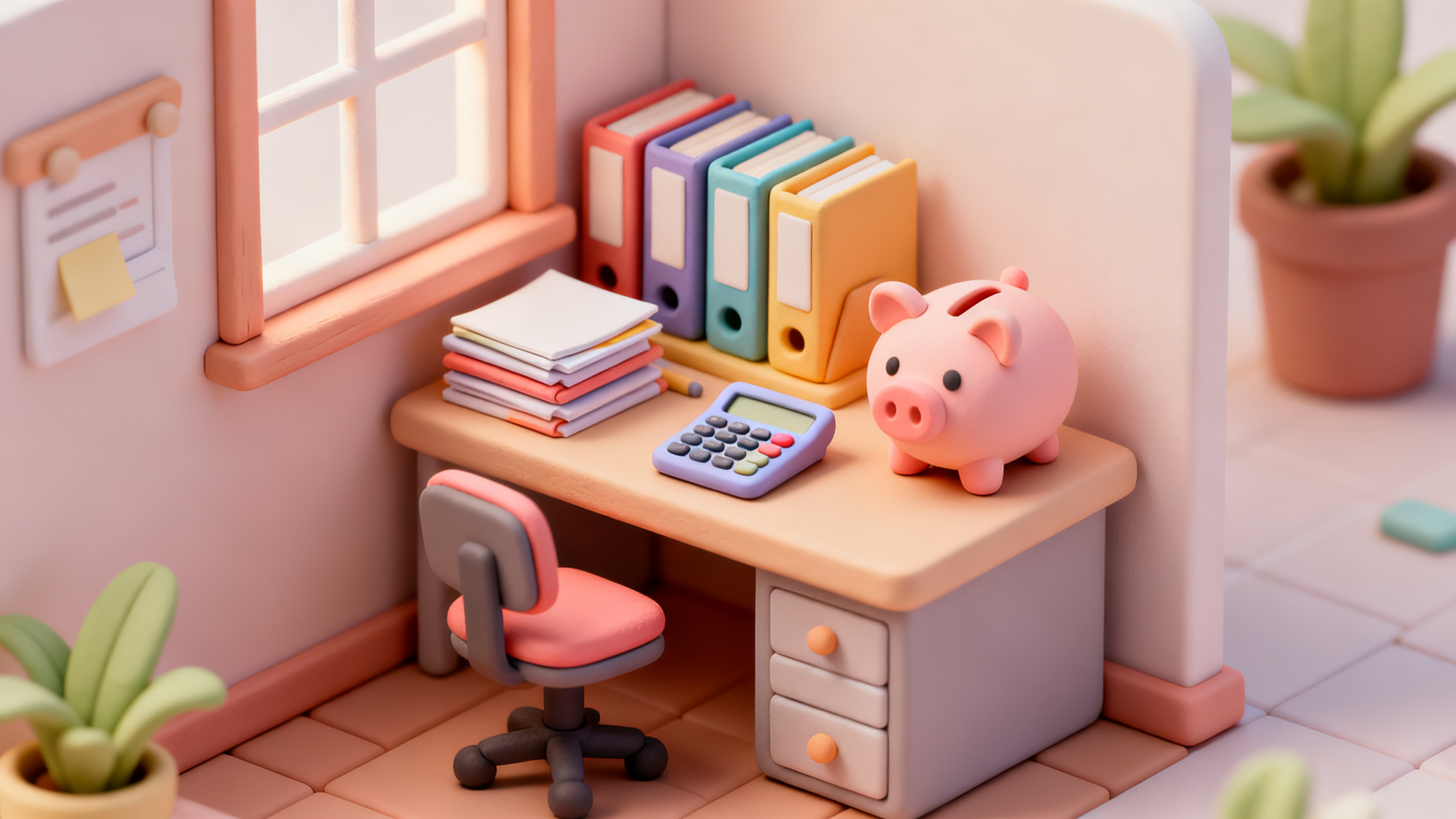 Isometric clay diorama of a small home office desk
