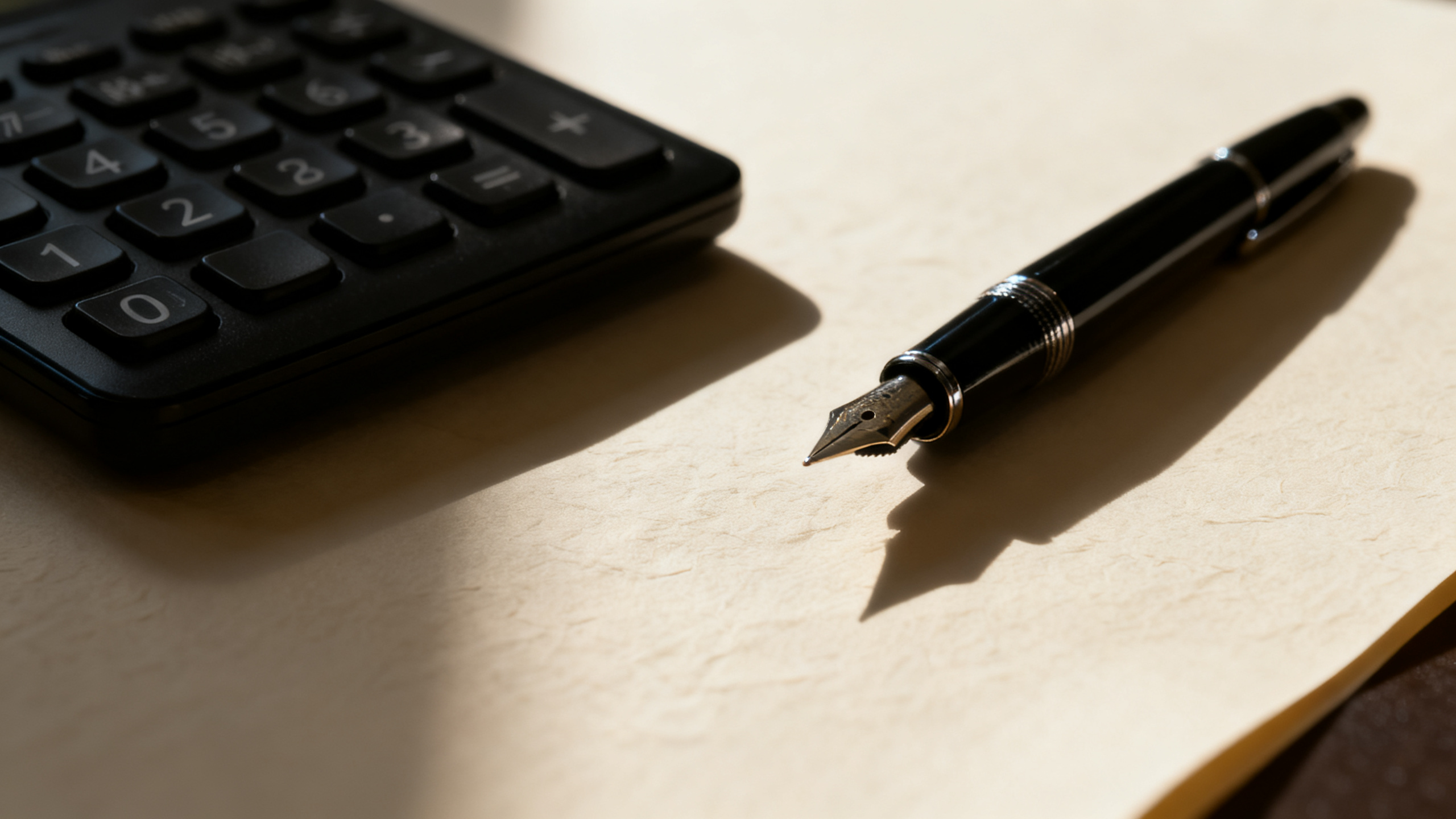 Calculator and pen still life on cream paper